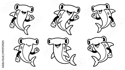 hammerhead shark, cute retro cartoon style vector set , white background , PNG and SVG isolate