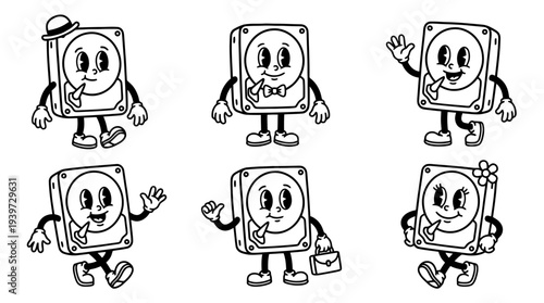 hard drive, cute retro cartoon style vector set , white background , PNG and SVG isolate
