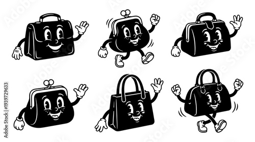 handbag, cute retro cartoon style vector set , white background , PNG and SVG isolate