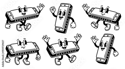 harmonica, cute retro cartoon style vector set , white background , PNG and SVG isolate