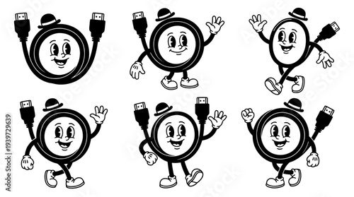 hdmi cable, cute retro cartoon style vector set , white background , PNG and SVG isolate