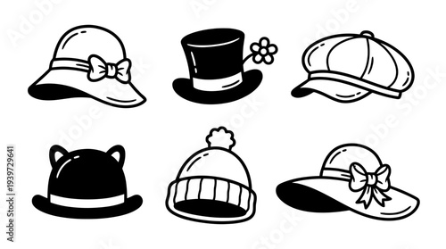 hat, cute retro cartoon style vector set , white background , PNG and SVG isolate