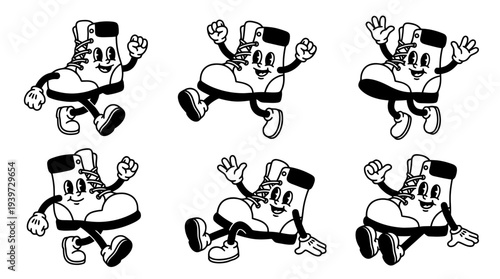hiking boot, cute retro cartoon style vector set , white background , PNG and SVG isolate