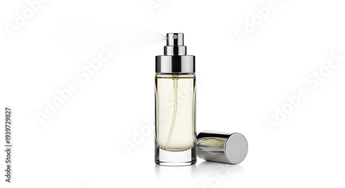 Luxury perfume bottle with silver cap on white surface viewed from front