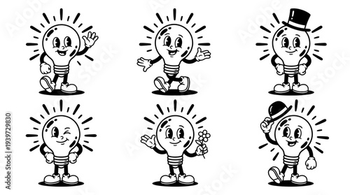 light bulb glowing, cute retro cartoon style vector set , white background , PNG and SVG isolate
