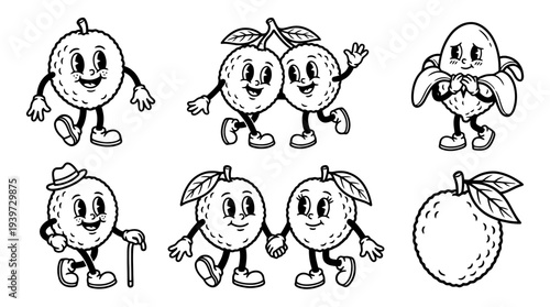 lychee, cute retro cartoon style vector set , white background , PNG and SVG isolate