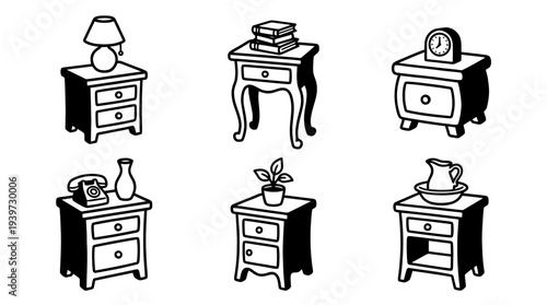 nightstand, cute retro cartoon style vector set , white background , PNG and SVG isolate