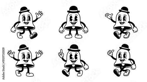 notification bell, cute retro cartoon style vector set , white background , PNG and SVG isolate