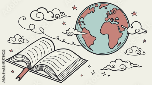 Earth Floating Above Open Book Knowledge Concept Vector Illustration