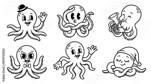 octopus, cute retro cartoon style vector set , white background , PNG and SVG isolate