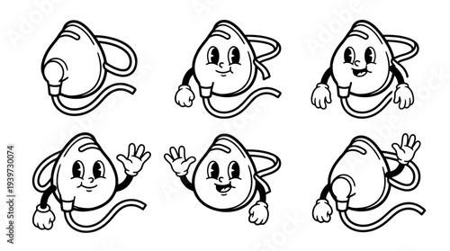 oxygen mask, cute retro cartoon style vector set , white background , PNG and SVG isolate