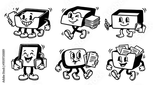 paper tray, cute retro cartoon style vector set , white background , PNG and SVG isolate