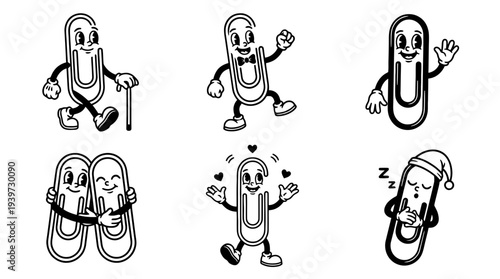 paperclip, cute retro cartoon style vector set , white background , PNG and SVG isolate