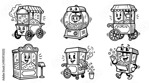 popcorn machine, cute retro cartoon style vector set , white background , PNG and SVG isolate