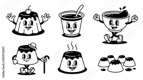 pudding, cute retro cartoon style vector set , white background , PNG and SVG isolate