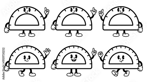 protractor, cute retro cartoon style vector set , white background , PNG and SVG isolate