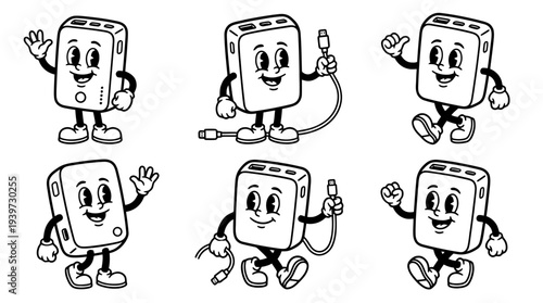 power bank, cute retro cartoon style vector set , white background , PNG and SVG isolate