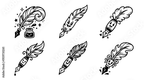 quill pen, cute retro cartoon style vector set , white background , PNG and SVG isolate