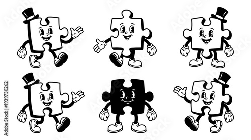puzzle piece, cute retro cartoon style vector set , white background , PNG and SVG isolate