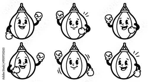 punching bag, cute retro cartoon style vector set , white background , PNG and SVG isolate