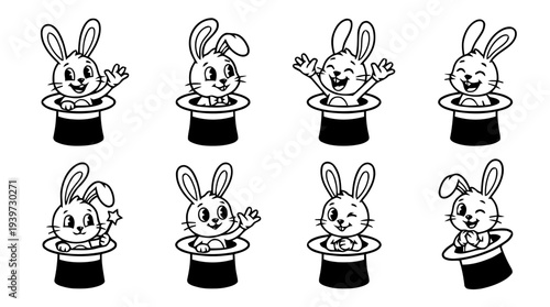 rabbit in hat, cute retro cartoon style vector set , white background , PNG and SVG isolate