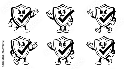 shield with checkmark, cute retro cartoon style vector set , white background , PNG and SVG isolate