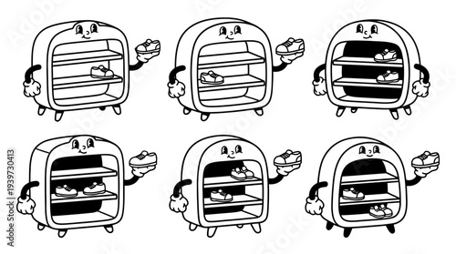 shoe rack, cute retro cartoon style vector set , white background , PNG and SVG isolate