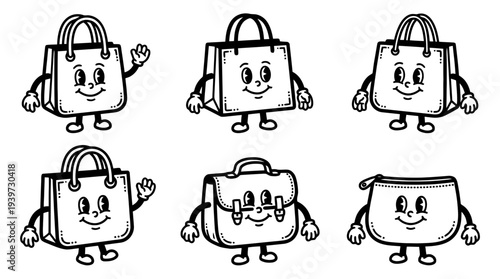shopping bag, cute retro cartoon style vector set , white background , PNG and SVG isolate