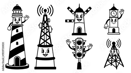 signal tower, cute retro cartoon style vector set , white background , PNG and SVG isolate