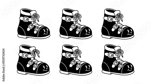 ski boots, cute retro cartoon style vector set , white background , PNG and SVG isolate