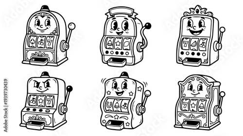 slot machine, cute retro cartoon style vector set , white background , PNG and SVG isolate