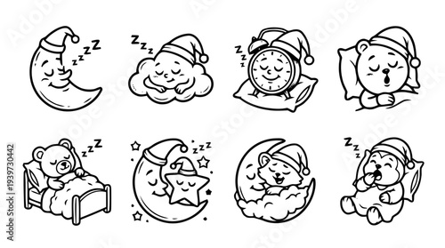 sleep mode icon, cute retro cartoon style vector set , white background , PNG and SVG isolate