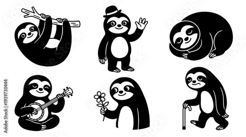 sloth, cute retro cartoon style vector set , white background , PNG and SVG isolate