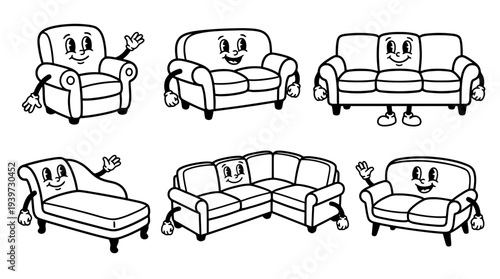 sofa, cute retro cartoon style vector set , white background , PNG and SVG isolate