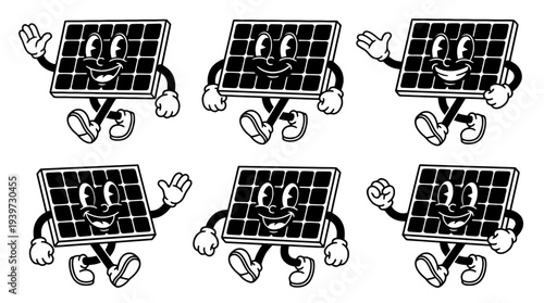 solar panel, cute retro cartoon style vector set , white background , PNG and SVG isolate