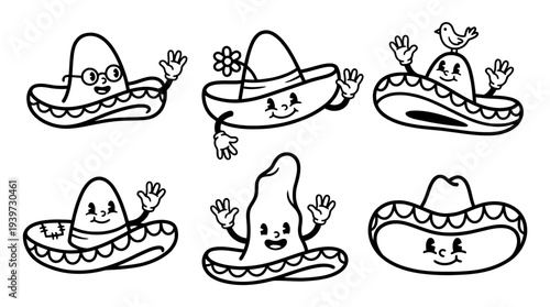 sombrero, cute retro cartoon style vector set , white background , PNG and SVG isolate