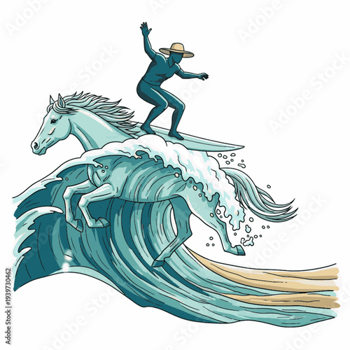 Fantasy Surfer Riding a Water Horse on Ocean Wave Vector