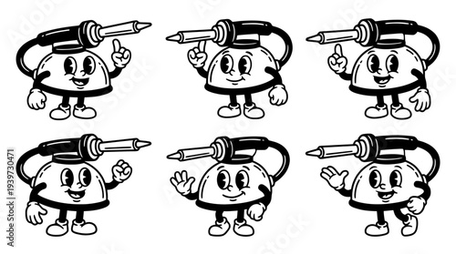 soldering iron, cute retro cartoon style vector set , white background , PNG and SVG isolate