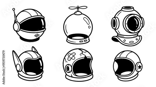 space helmet, cute retro cartoon style vector set , white background , PNG and SVG isolate