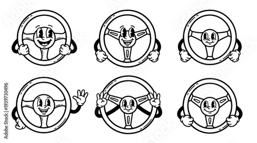 steering wheel, cute retro cartoon style vector set , white background , PNG and SVG isolate