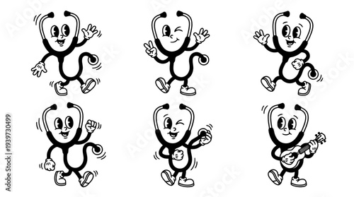 stethoscope, cute retro cartoon style vector set , white background , PNG and SVG isolate