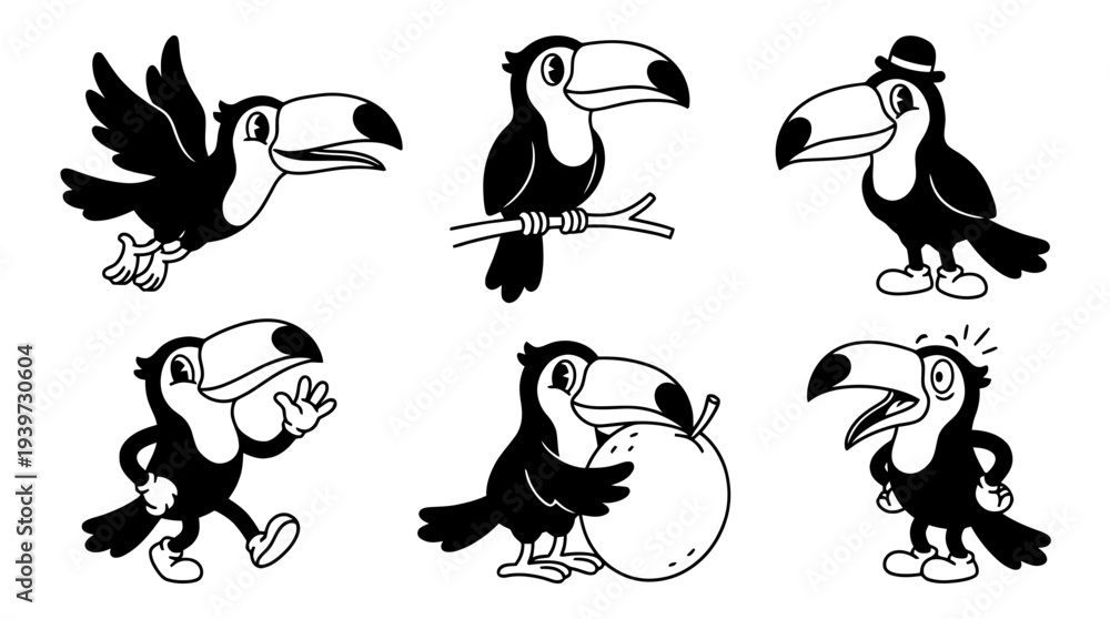 Obraz premium toucan, cute retro cartoon style vector set , white background , PNG and SVG isolate