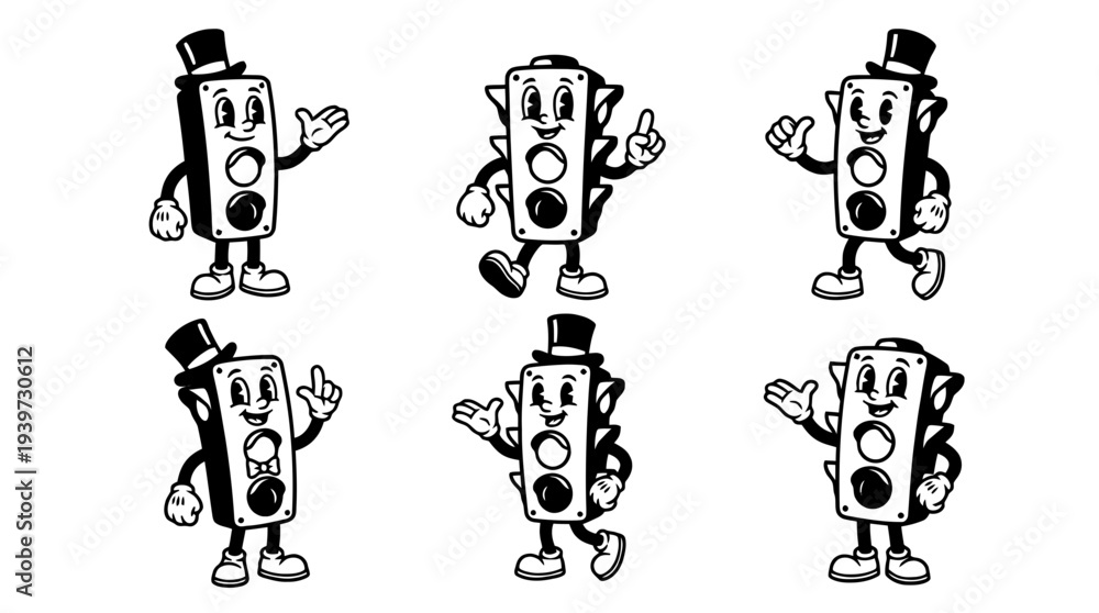 Obraz premium traffic light, cute retro cartoon style vector set , white background , PNG and SVG isolate