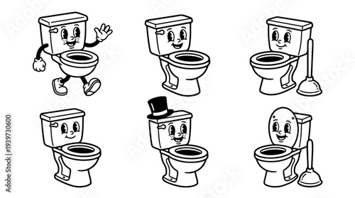 toilet, cute retro cartoon style vector set , white background , PNG and SVG isolate