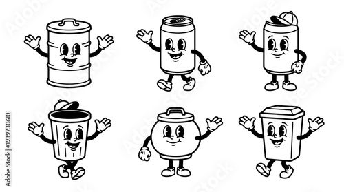 trash bin, cute retro cartoon style vector set , white background , PNG and SVG isolate