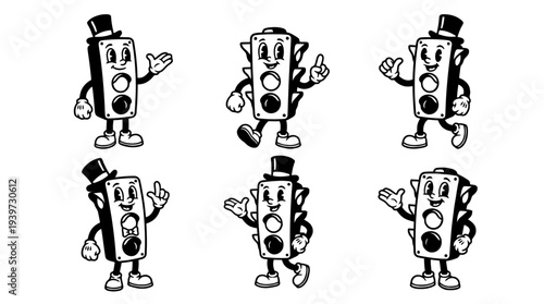 traffic light, cute retro cartoon style vector set , white background , PNG and SVG isolate