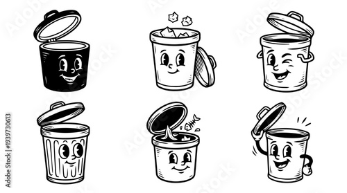 trash can open, cute retro cartoon style vector set , white background , PNG and SVG isolate