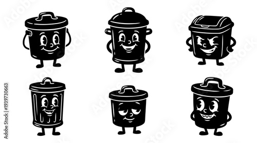 trash can closed, cute retro cartoon style vector set , white background , PNG and SVG isolate