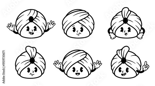 turban, cute retro cartoon style vector set , white background , PNG and SVG isolate