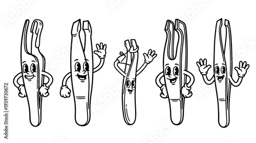 tweezers, cute retro cartoon style vector set , white background , PNG and SVG isolate